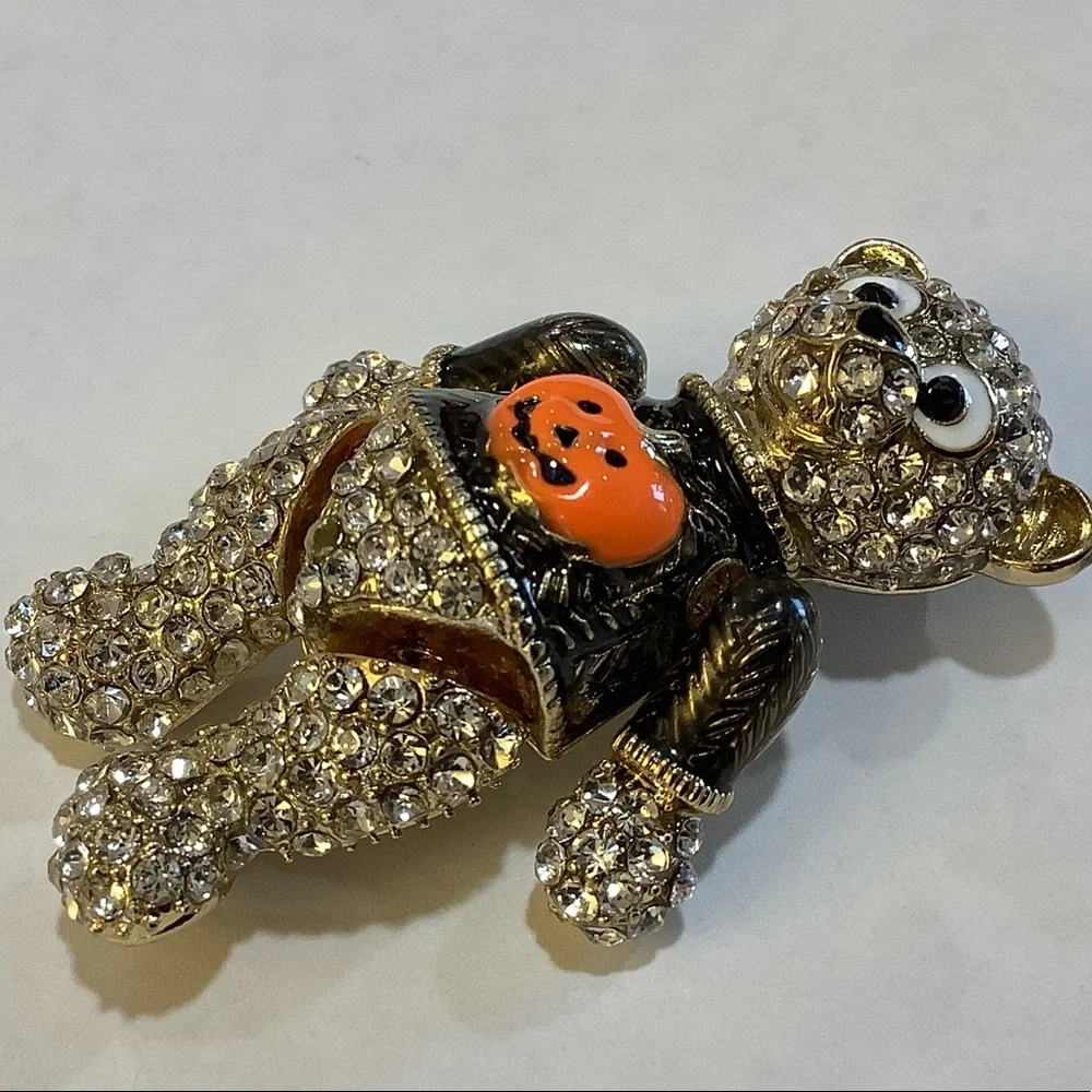 Gold-Tone Crystal Pumpkin Bear Brooch Pin - Picture 7 of 11
